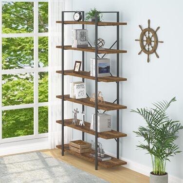 Дерев&39яна книжкова полиця HSH, 6-ярусна окремостояча полиця, промисловий дизайн офісної полиці, відкриті полиці для вітальні, офісу, спальні, кухні, рустикальний коричневий колір, 120 x 32 x 216 см, 6 ярусів