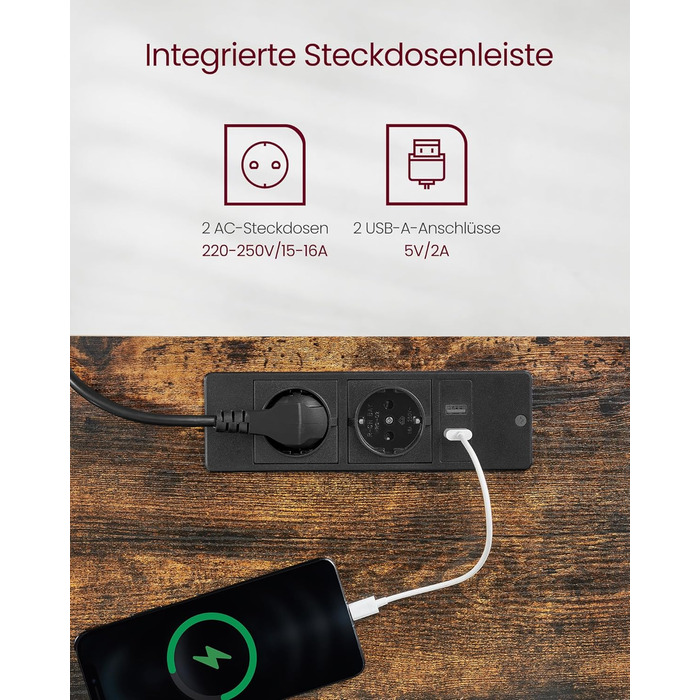 Електричний стіл VASAGLE з регульованою висотою, розеткою та шухлядою, 60 x 140 см, плавне регулювання висоти, функція пам&39яті з 4 висотами, вінтажний коричнево-чорний LSD114X01 140 x 60 см, вінтажний коричневий чорний