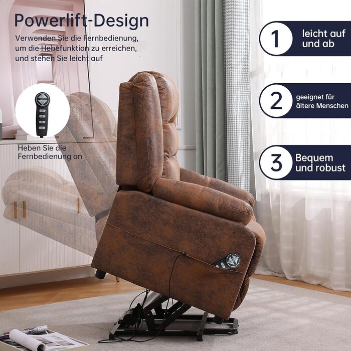 Електричне крісло-реклайнер, крісло для телевізора, масажне крісло з підйомником, підігрів, функція відкидання, флокована шкіра (коричневого кольору)