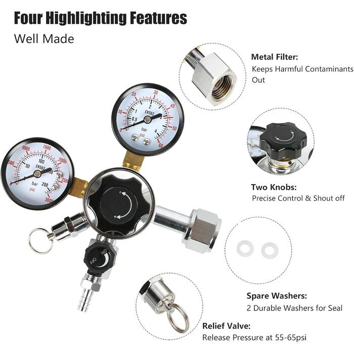 Редуктор тиску Регулятор тиску, CO2 Головний редуктор тиску Подвійний манометр W21.8 Регулятор тиску CO2 для обладнання для дозування, пивоваріння, обладнання для розливу пива