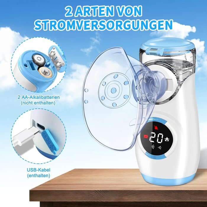 Цифровий інгалятор Wholeede, інгалятор для немовлят, дітей та дорослих, інгалятор-небулайзер зі зворотним відліком для небулайзерів, безшумний портативний інгалятор з 2-ма масками та мундштуком - синій