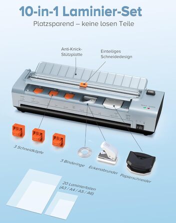 Дюймовий ламінатор A3/A4 з 20 пакетами для ламінування, гарячий та холодний ламінатор, ABS-пластик із захистом від застрягання, 10-в-1 ламінатор з різаком, тримером та закруглювачем кутів для офісу, школи та дому (синій), 13-
