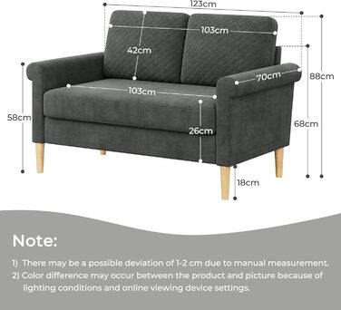 Місний диван Vesgantti, невеликий тканинний диванчик з підлокітниками, міні-диван для вітальні/квартири/офісу, легке складання, 123 x 70 x 88 см, сірий, міні-2-місний, 2-