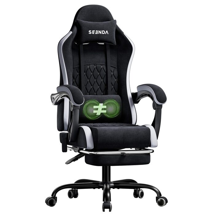 Ігрове крісло Seenda з тканинним кріслом для комп&39ютера з підставкою для ніг та поперековою опорою, регульована висота з підголівником, чорно-сіре