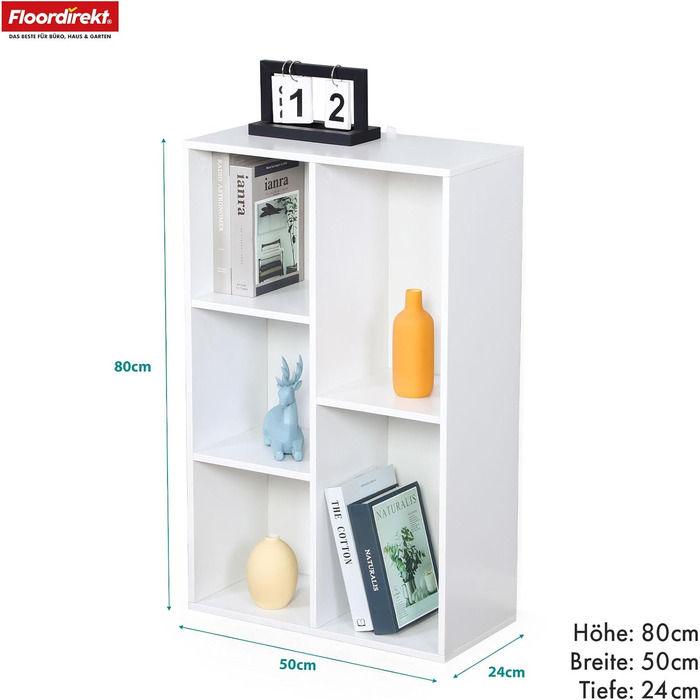 Книжкова полиця Floordirekt, біла полиця з 5 відділеннями, кубічна полиця, 24 Г x 50 Ш x 80 В см, перегородка для дитячої кімнати, вітальні, офісу та спальні (Арканзас)