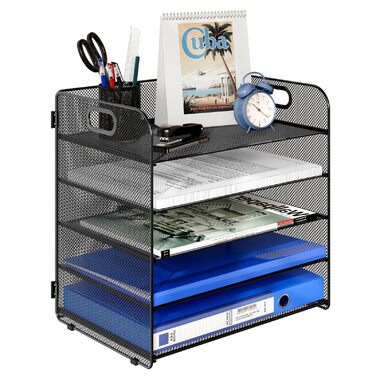 Настільний органайзер для листів 5 відділень Металевий лоток для документів A4 Лоток для паперу Тримач для журналів Аксесуар-органайзер для офісу, дому, школи, чорний