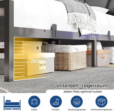 Ліжко 90x200 см з металевою рейковою основою, каркас ліжка 90x200 см зі світлодіодним підсвічуванням, дитяче ліжко 90x200 см з узголів&39ям та зарядною станцією (2 розетки змінного струму, 2 порти USB), металеве односпальне ліжко, чорне, 90x200 см