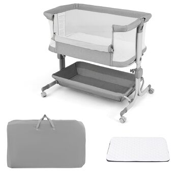 Дитяче ліжечко DREAMADE, 6-рівневе регульоване по висоті дитяче ліжечко з м&39яким матрацом, колесами та сумкою для перенесення, портативне дорожнє ліжечко 87 x 63 см для дому та подорожей, 0-6 місяців до 9 кг (світло-сіре)
