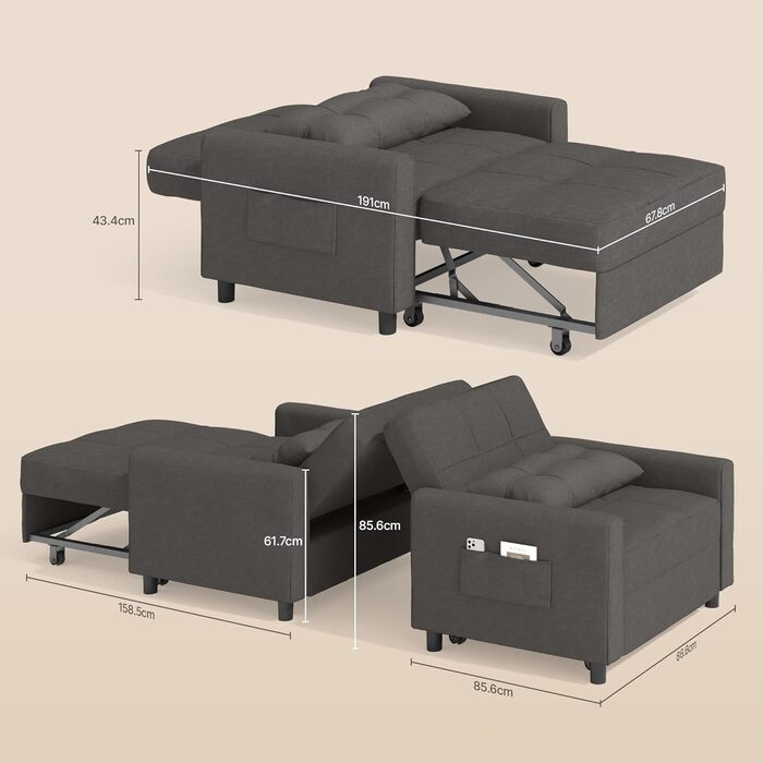 Крісло-реклайнер Bealife, крісло-ліжко з регульованою спинкою, крісло для телевізора, розкладний диван-ліжко, крісло-реклайнер для вітальні, спальні (темно-сірий)