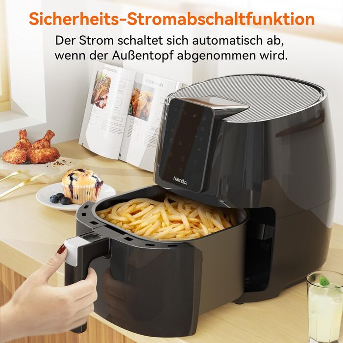 Фритюрниця Hermitlux 5.5 л XXL, 10 програм фритюрниці з цифровим світлодіодним сенсорним екраном, фритюрниця з гарячим повітрям без олії, попередній нагрів і підтримання тепла, з рецептом, 1500 Вт можна мити в посудомийній машині