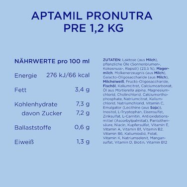 Початкова формула Pre, з народження, без пальмової олії, з дбайливим процесом Lactofidus, упаковка для зберігання 1,2 кг Aptamil Pronutra 2
