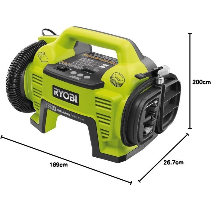 Компресор Ryobi 18 В (повітряний компресор без акумулятора та зарядного пристрою, цифровий індикатор тиску, в комплекті шланги та