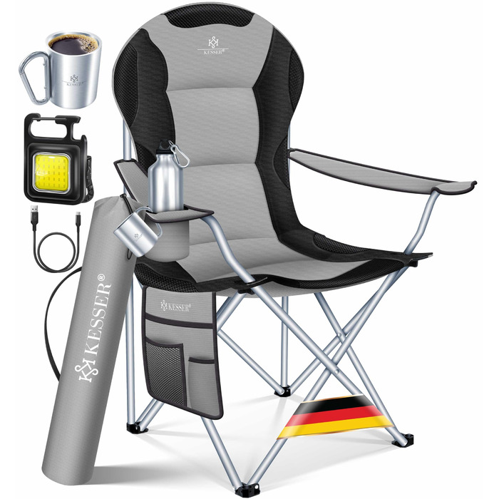 Складаний кемпінговий стілець KESSER, до 150 кг, Рибальський стілець, Складаний стілець, М&39який з підлокітниками, Висока спинка, Пляжний стілець, Складаний табурет, включаючи кемпінговий ліхтарик, Підставка для напоїв, Сумка та чашка, Сірий/Чорний