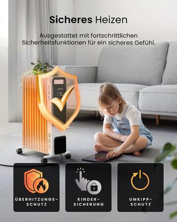 Масляний радіатор Pro Breeze OmniWarm потужністю 2500 Вт з 11 ребрами, електричним нагрівом - енергозберігаючий масляний радіатор, 3 режими нагріву, регульований термостат, 24-годинний таймер, сенсорний дисплей та функція безпечного відключення, білий - н