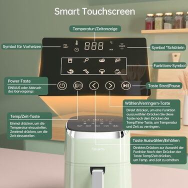 Аерофритюрниця Fabuletta 4 л, фритюрниця 9 в 1, фритюрниці з максимальною температурою 230 C, цифрова фритюрниця з сенсорним екраном, технологія швидкого видалення повітря та жиру, попередній нагрів, режим струшування (зелений) зелений