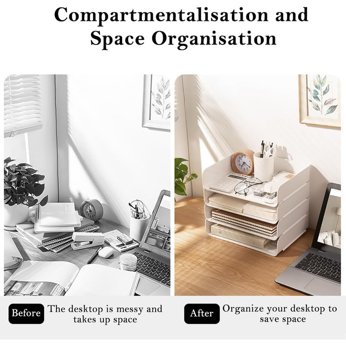 Ярусний штабельований лоток для документів формату A4, органайзер для лотків для листів, органайзер для столу, тримач для документів, сортувальник паперу формату A4 для офісу, школи (горизонтальний, білий) горизонтальний білий, 4-