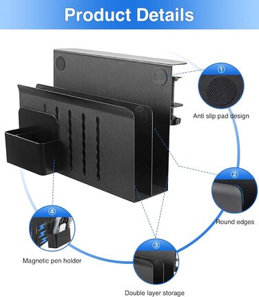 Підставка для ноутбука та планшета на стіл, бічна полиця для зберігання, двоярусна з тримачем для ручок (чорна)