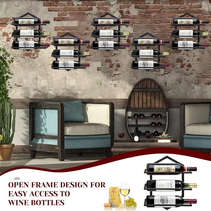 Металева настінна винна стійка, підвісний тримач для винних келихів, підставка-органайзер для 3 пляшок, винна стійка, червона винна стійка для дому, кухні, бару, декору, чорного кольору B2, 2 шт.