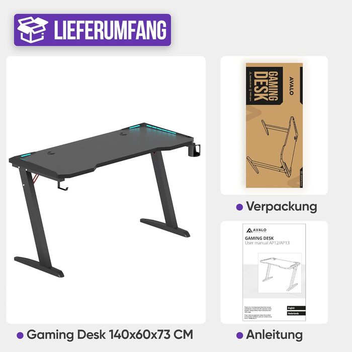 Ігровий стіл Avalo - 140x60x73 см - Ігровий стіл зі світлодіодним підсвічуванням - Стіл - Чорний