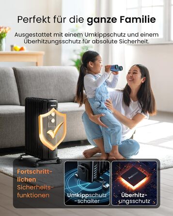 Міні-масляний радіатор Pro Breeze 2500W з 11 ребрами, електричний радіатор, 24-годинний таймер, енергозберігаючий масляний радіато