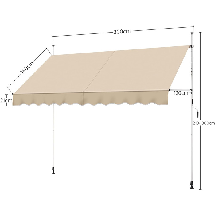 Тент Yaheetech із затискачем, шириною 300 см, для балкону, з ручним приводом, захистом від сонця без свердління, регульованою висотою та каркасом, бежевий, бежевий, 300 см