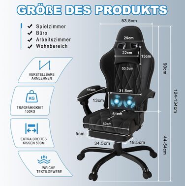 Ігрове крісло JUMMICO, тканинне з пружинною амортизацією, ергономічне офісне крісло з масажером. Ігрове крісло з підголівником, підставкою для ніг, регульована висота. Геймерське крісло, вантажопідйомність 150 кг, чорний колір