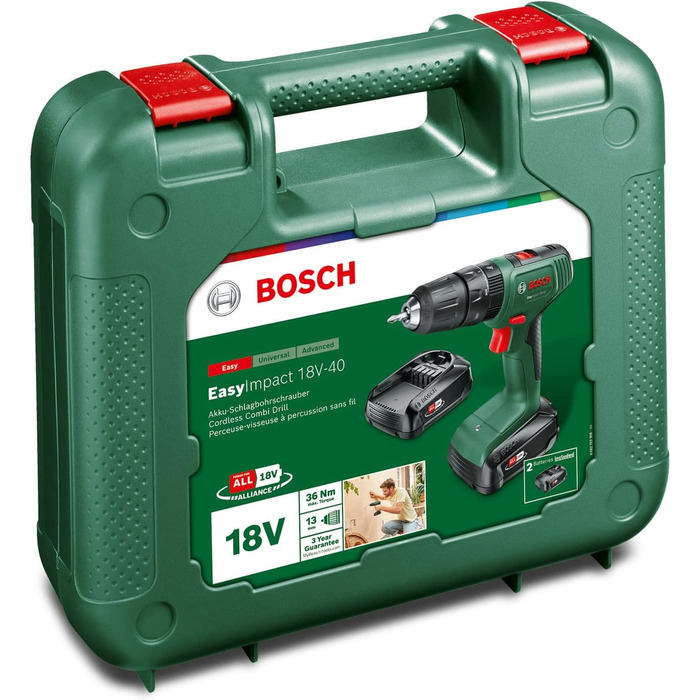 Дім і сад Акумуляторний ударний дриль-шуруповерт Bosch EasyImpact 18V-40 (2 акумуляторні батареї 2,0 Ач, система 18 В, в кейсі) Ко