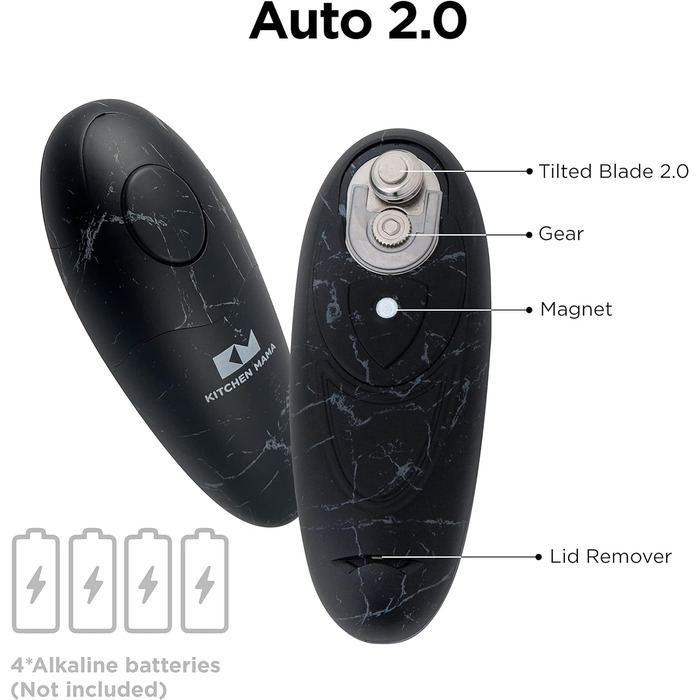 Електричний консервний нож для кухні Mama V2 - Покращене лезо відкриває будь-яку форму банки, консервний ніж без гострих країв, гігієнічний, компактний та бездротовий - Marble Black