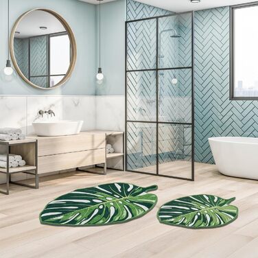Килимок для ванної кімнати зеленого кольору з візерунком монстера комплект із 2 предметів, нековзний килимок для ванної, що миється, підходить для робота-пилососа, зелений килимок для ванної, килимок для ванної (з відворотом, 60 x 100 см - 50 x 60 см) зел
