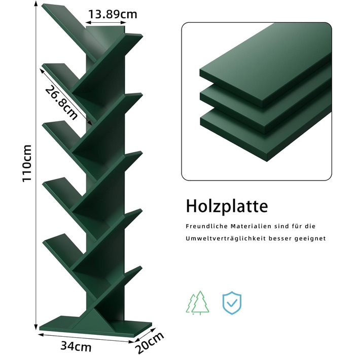 Книжкова полиця у формі дерева, 10-ярусна окремостояча полиця для книг/CD/журналів, DVD, дерев&39яна книжкова полиця для вітальні, спальні та домашнього офісу, темно-зелена, 20Г x 34Ш x 101В см