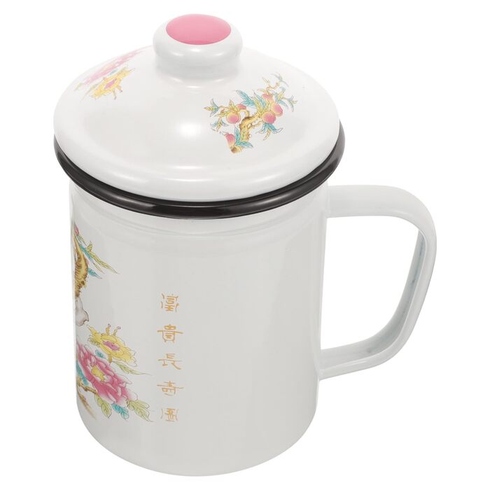 Емальована кружка з чайним ситечком та кришкою, вінтажна чашка діаметром 9 см, виготовлена з міцного емальованого матеріалу для чаю та води, побутова кружка для пиття