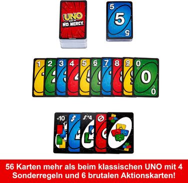 Карткова гра Mattel Games UNO No Mercy в коробці для зберігання на винос для дітей, дорослих та сімейних вечорів з додатковими картами, особливими правилами та жорсткішими покараннями, HXT57