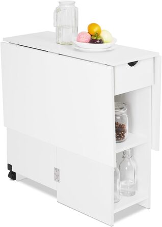 Розкладний обідній стіл Mondeer, кухонний стіл з шухлядою та полицями для 2-4 осіб, розкладний обідній стіл на колесах для невеликих приміщень, їдальня, кухня, 72 x 120 x 75 см, білий