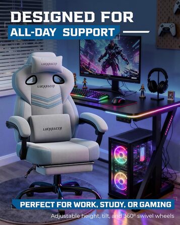 Тканина для ігрового крісла LUCKRACER, офісне крісло з підлокітниками, подушка з піни з ефектом пам&39яті, кут нахилу 90155 та підставка для ніг, міцна функціональна тканина, сірий колір