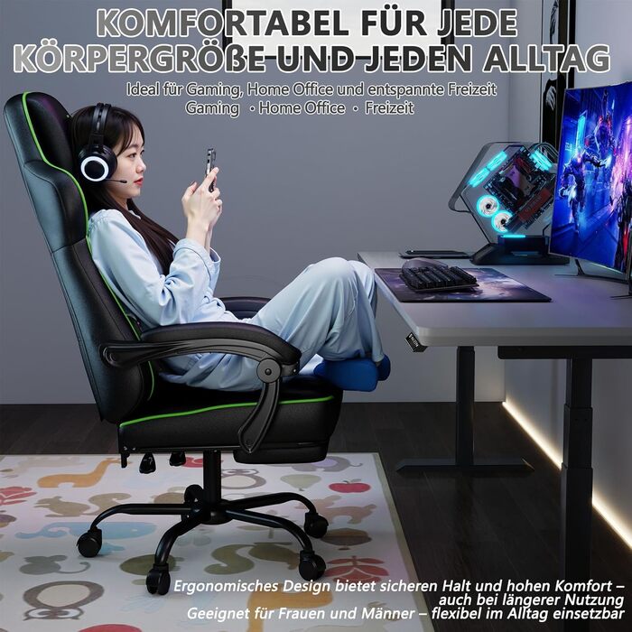 Ергономічне ігрове крісло, офісне крісло з підставкою для ніг, регульоване по висоті та нахилу, надзвичайно широке сидіння (51 см), ергономічна поперекова опора, вантажопідйомність до 150 кг, зелений колір