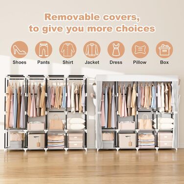 Портативна шафа для одягу VTRIN, ширина 170 см, велика місткість, портативна шафа з кришкою, 4 полиці та 4 вішалки для одягу, міцна, окремостояча шафа для білого/розкішного саду