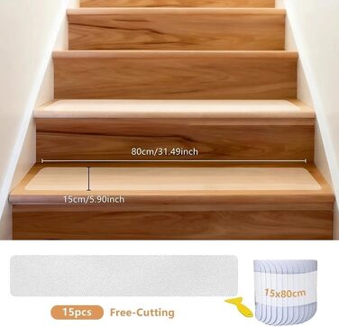 Килимки для сходів, протиковзкі килимки, 15x80 см, прозорі, самоклеючі, протиковзкі смужки для сходів, водонепроникні, для дерев&39яних сходинок та підлоги, 15x80 см - 15 шт., 15 шт.