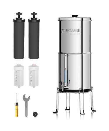 Ступінчаста гравітаційна система ультрафільтрації Purewell зі скляним індикатором рівня води, система стільниці з нержавіючої сталі 304 з 4 елементами та кронштейнами, зменшує вміст фтору та хлору 5,7 літра, 6-