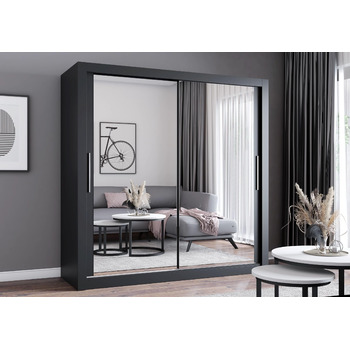 Шафа з дзеркалом - Шафа з розсувними дверима - Шафа для спальні - 64 x 203 x 215 см - Шафа для вітальні - Вішалка для одягу, Шафа з двома дверима, Сучасна 200 см Чорного кольору