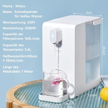 Диспенсер для гарячої води Watus, миттєвий диспенсер для води, диспенсер для води з фільтрацією та підігрівом, включає 3 фільтруючі картриджа. Фільтруйте воду для зменшення вапняного нальоту, хлору, свинцю та міді у водопровідній воді