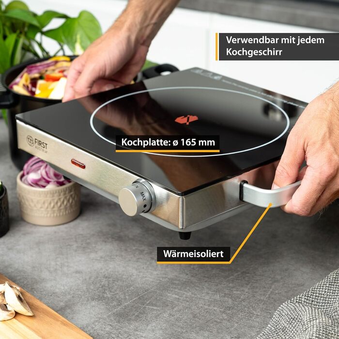 Перша інфрачервона керамічна плита TZS в Австрії ВСІ види горщиків Одинарна конфорка 17,5см Варильна поверхня для переїзду, кемпінгу, будинку для відпочинку - швидке нагрівання та плавне регулювання - один світловий індикатор з чорними ручками