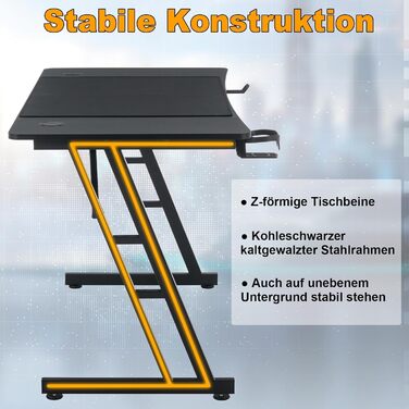Ігровий стіл UISEBRT, Ігровий комп&39ютерний стіл з вуглецевим волокном - Ергономічний ігровий стіл до 150 кг для спальні та офісу - 140x60x74 см 140x60x74 см без світлодіодного підсвічування