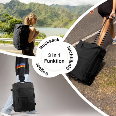 Рюкзак на колесах 3 в 1 - Валіза для ручної поклажі Kane Hybrid Backpack-Board багаж на колесах, 55 x 40 x 20 см - водовідштовхувальний перероблений ПЕТ, чорний Black Beach