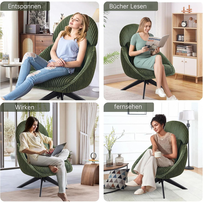 Крісло-шезлонг, крісло для вітальні, поворотне на 360, крісло з відкидною спинкою, м&39яке крісло з товстою знімною декоративною подушкою, крісло-реклайнер/крісло для читання для вітальні, спальні, офісу, зелене