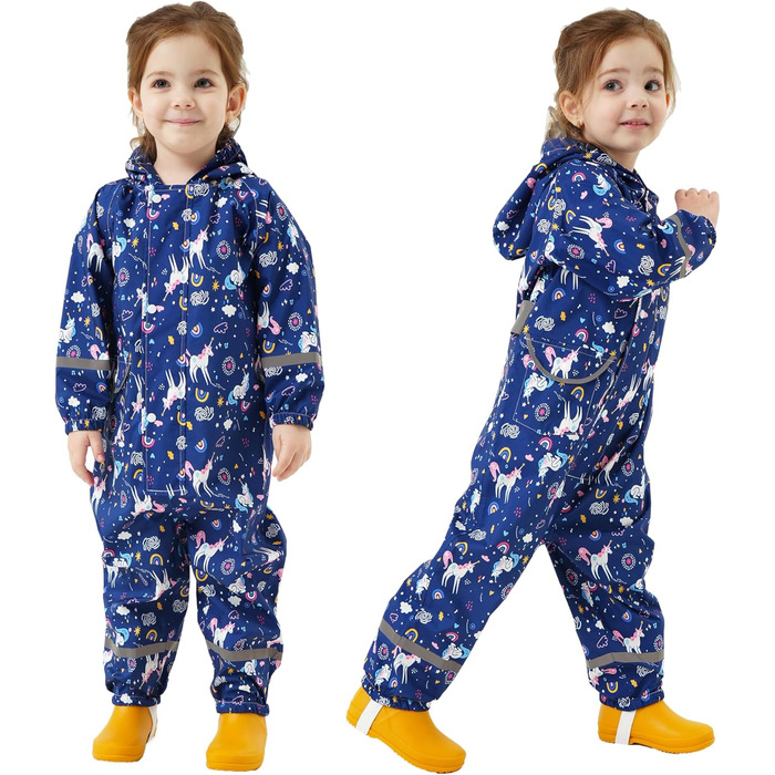 Дощовик Fewlby для дівчаток, водонепроникна куртка, цільний плащ з капюшоном, багаторазові штани для бруду, синій єдиноріг, вік 2-5 років