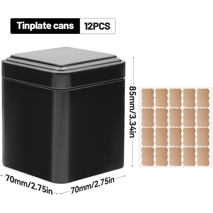 Класичних квадратних чайних банок 7 7 8,5 см для розсипного чаю, металеві чайні банки чорного кольору, включаючи 20 етикеток, для чаю, кавових зерен, спецій, 12