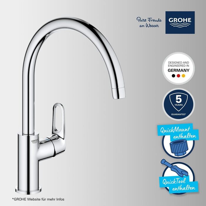 Кухонний змішувач GROHE Start Flow з високим виливом, поворот на 360, легкий монтаж без інструментів, хром, 31555001
