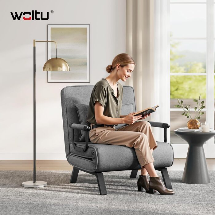 Крісло-ліжко WOLTU 3-в-1 з функцією ліжка, гостьове ліжко, диван-ліжко з функцією ліжка, регульована спинка, вітальня, спальня, балкон, металевий каркас, лляне покриття, 80 x 82 x 74 см, темно-сірий 190x69 см