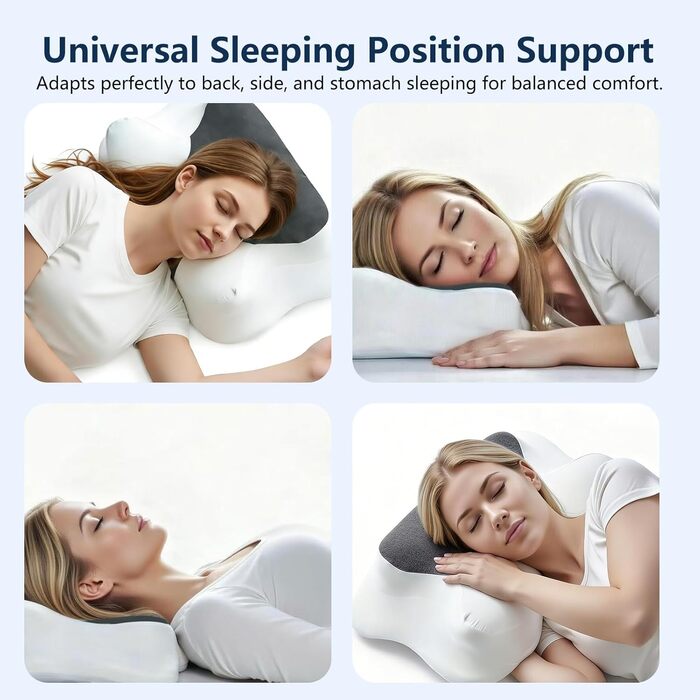 Подушка для шиї з дихаючої піни з ефектом пам&39яті, ергономічна подушка для сну на спині, боці та животі, 63x40x10/12 см, сіро-білий колір