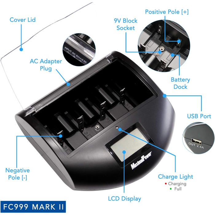 Зарядний пристрій максимальної потужності для 8 батарей (Ni-MH/Ni-CD, AA/AAA, 8 шт. ) FC999 Mark II